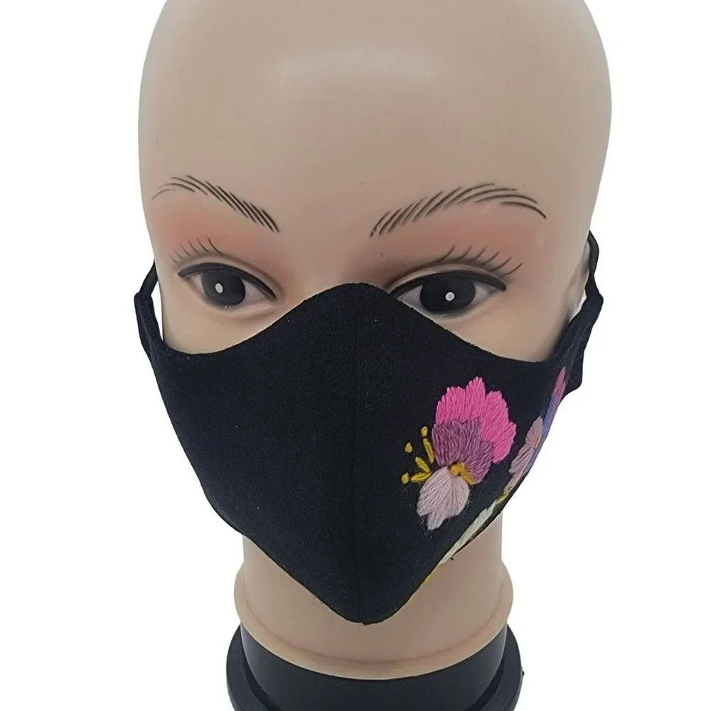 New Cover Face ear loop Women Black Mask Embroidered handmade big Flowers roses